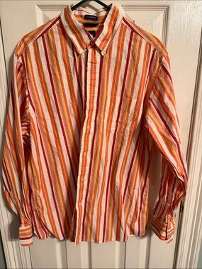 GAP Men's Striped Button-Down Shirt in Orange, Pink & White